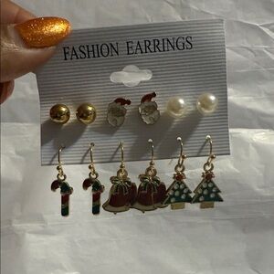 Christmas Festive Gold Red and Green Fashion Earrings Set of 6 dangle and stud